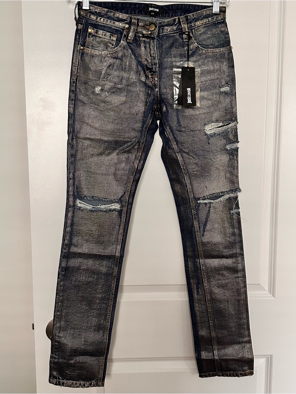 Just Cavalli Gold Metallic Distressed Skinny Jeans – Size 24 – NWT